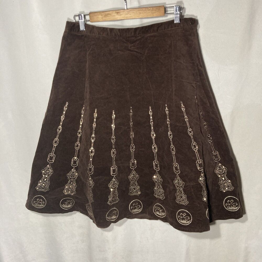 Kool Jeans Skirt Large Brown Beaded Embroidered Pinwale Corduroy A-line